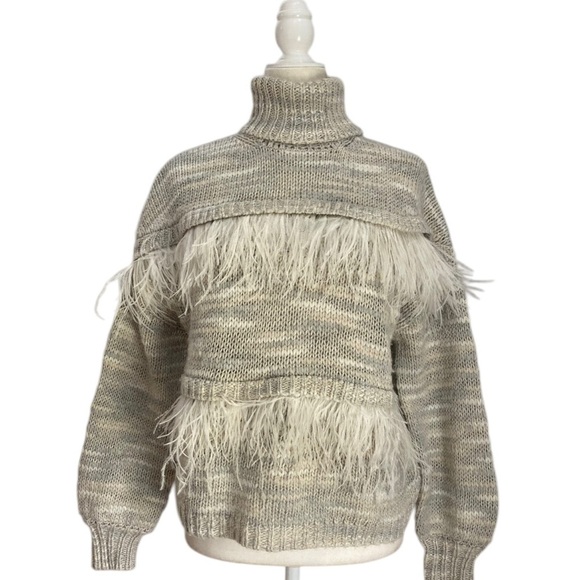 Cinq à Sept Valentina Ostrich Feather Trimmed Turtleneck Wool Blend - Picture 3 of 13